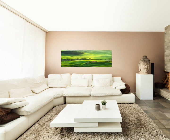 Paul Sinus Art Panoramabild auf Leinwand und Keilrahmen 120x40cm Toskana Berge Hügel Wiesen Sonnenli