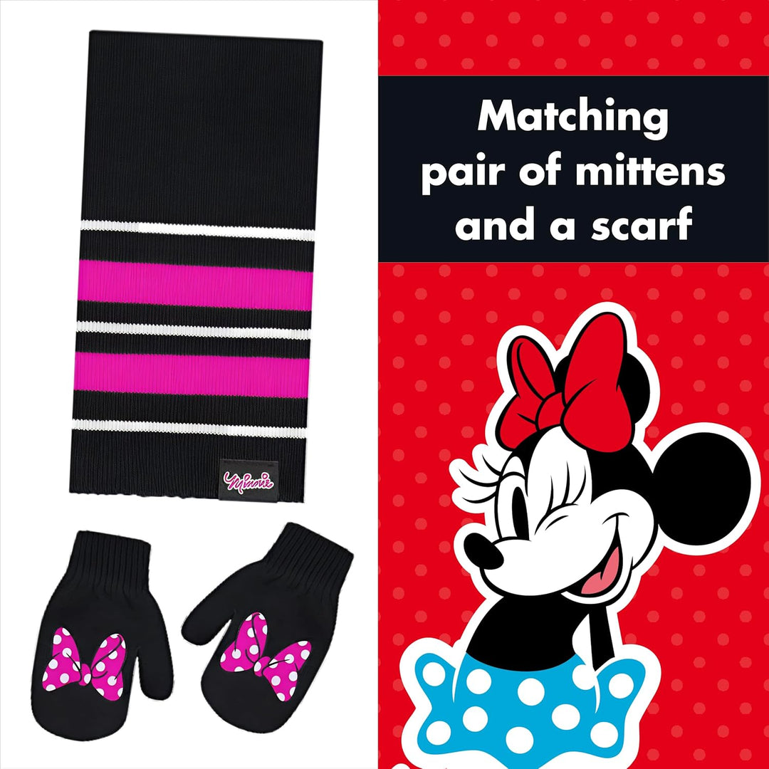 Disney Girls Winter Hat, Minnie Mouse Kids Beanie, Gloves and Scarf Set, Black Mittens-Age 2-4