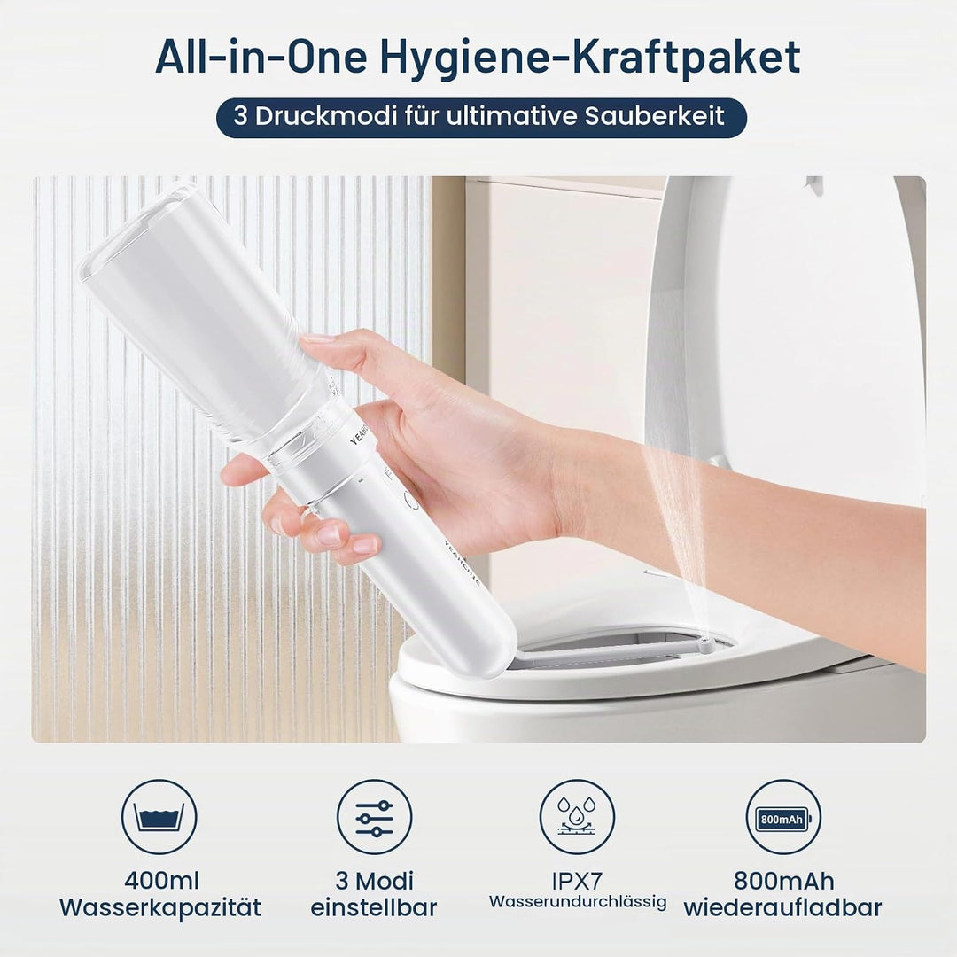 Tragbares Bidet für Reisen - USB-C Wiederaufladbar, 3 Modi, 400 ml, Wasserdichter Sprüher + 2 Düsen