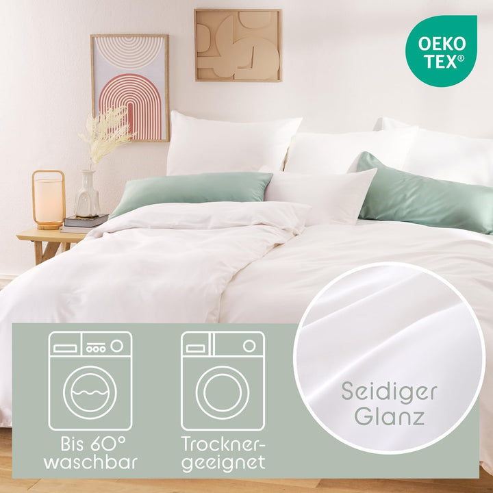 Blumtal Mako Satin Kissenbezug 40 x 80 Baumwolle Weiss - 2er Set Kissenbezüge aus 100% Baumwolle - e