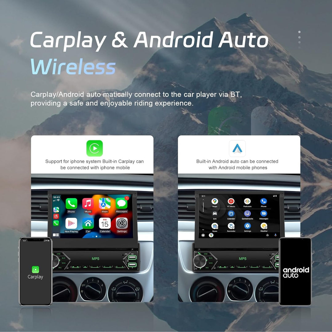 CAMECHO Upgrade Wireless 1 DIN Carplay Android Auto,7 Zoll Motorisiertem Bildschirm Autoradio mit Bl