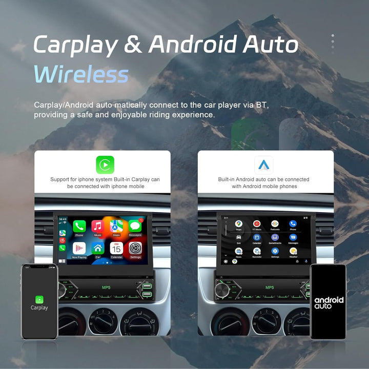 CAMECHO Upgrade Wireless 1 DIN Carplay Android Auto,7 Zoll Motorisiertem Bildschirm Autoradio mit Bl