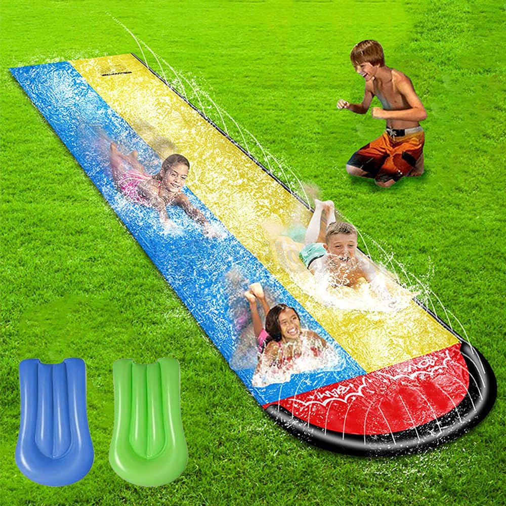 Wasserrutsche Garten für Kinder, Wasserrutsche mit 2 Bodyboards, Doppel Wasserrutschmatte mit Eingeb