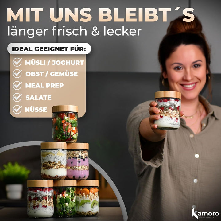 Overnight Oats Gläser 4er Set – Luftdichte Vorratsgläser mit Bambusdeckel 480 ml – Ideal für Overnig