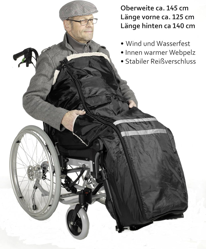 Rollstuhlsack Schwarz mit Webpelz gefüttert mit Anti Rursch Noppen & Regenponcho