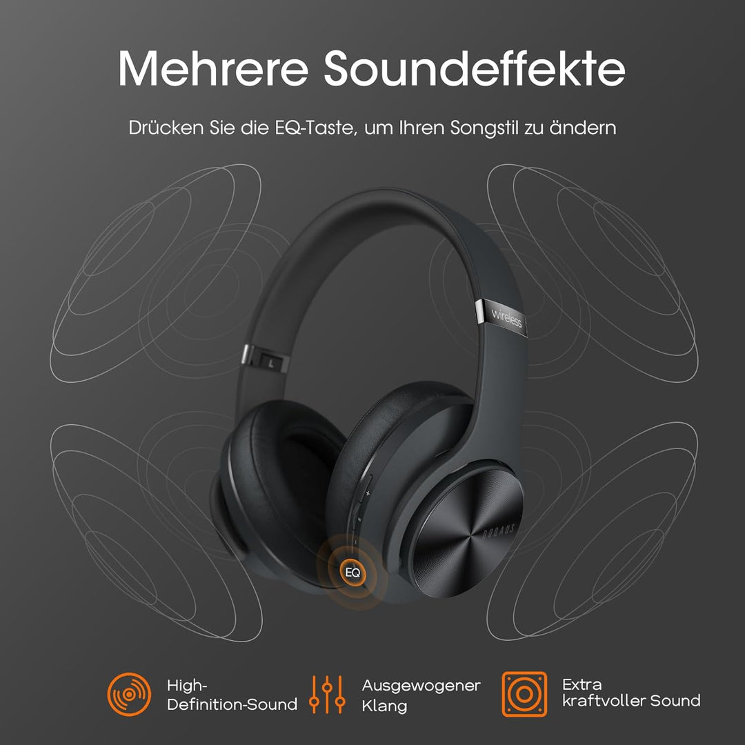 DOQAUS Bluetooth Kopfhörer Over Ear, [Bis zu 90 Std] Kopfhörer Kabellos mit 3 EQ-Modi, Dual 40mm Tre