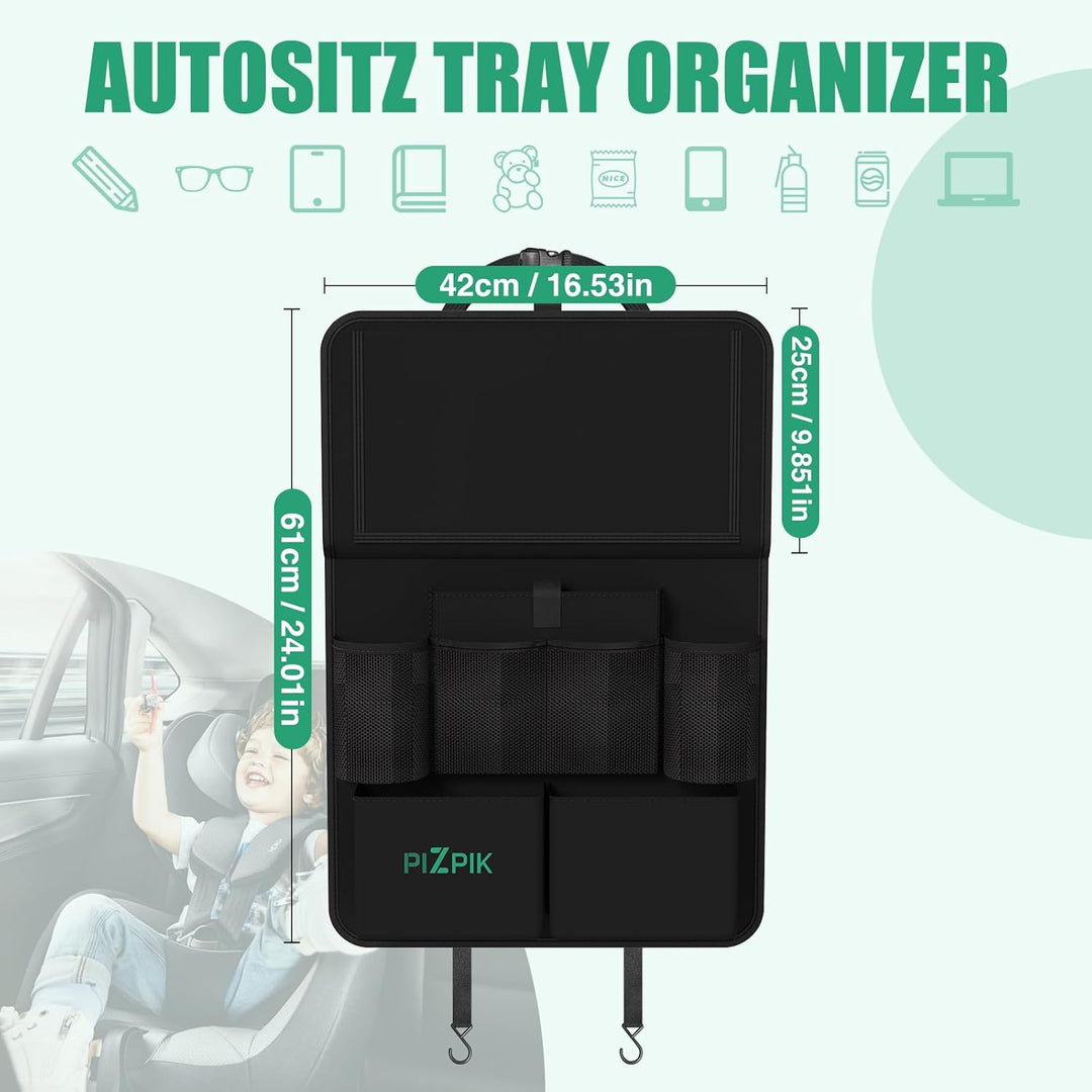 Plzpik Auto Organizer,2 Grosse Rückenlehnenschutz,Autositz Organizer Kinder mit Klapptisch, 12 Tasch