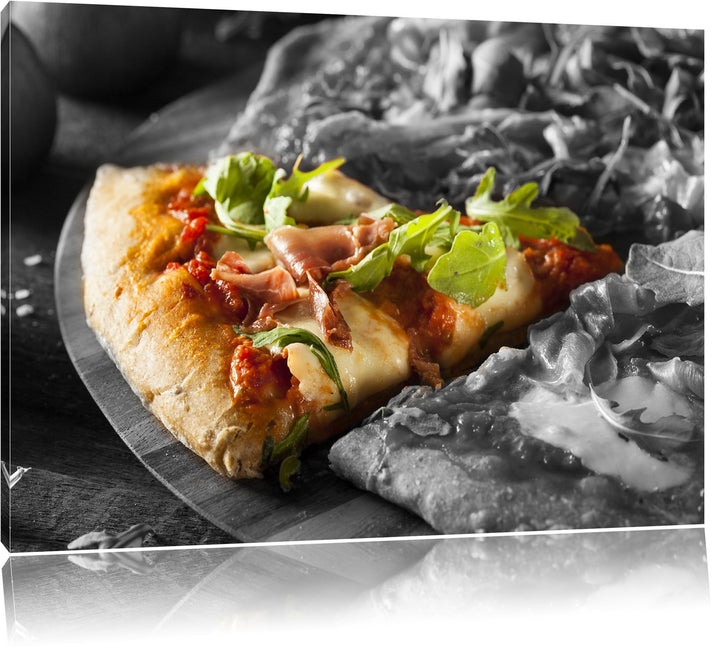 leckere Pizza mit Bacon und Rucola schwarz/weiss Format: 100x70 auf Leinwand, XXL riesige Bilder fer