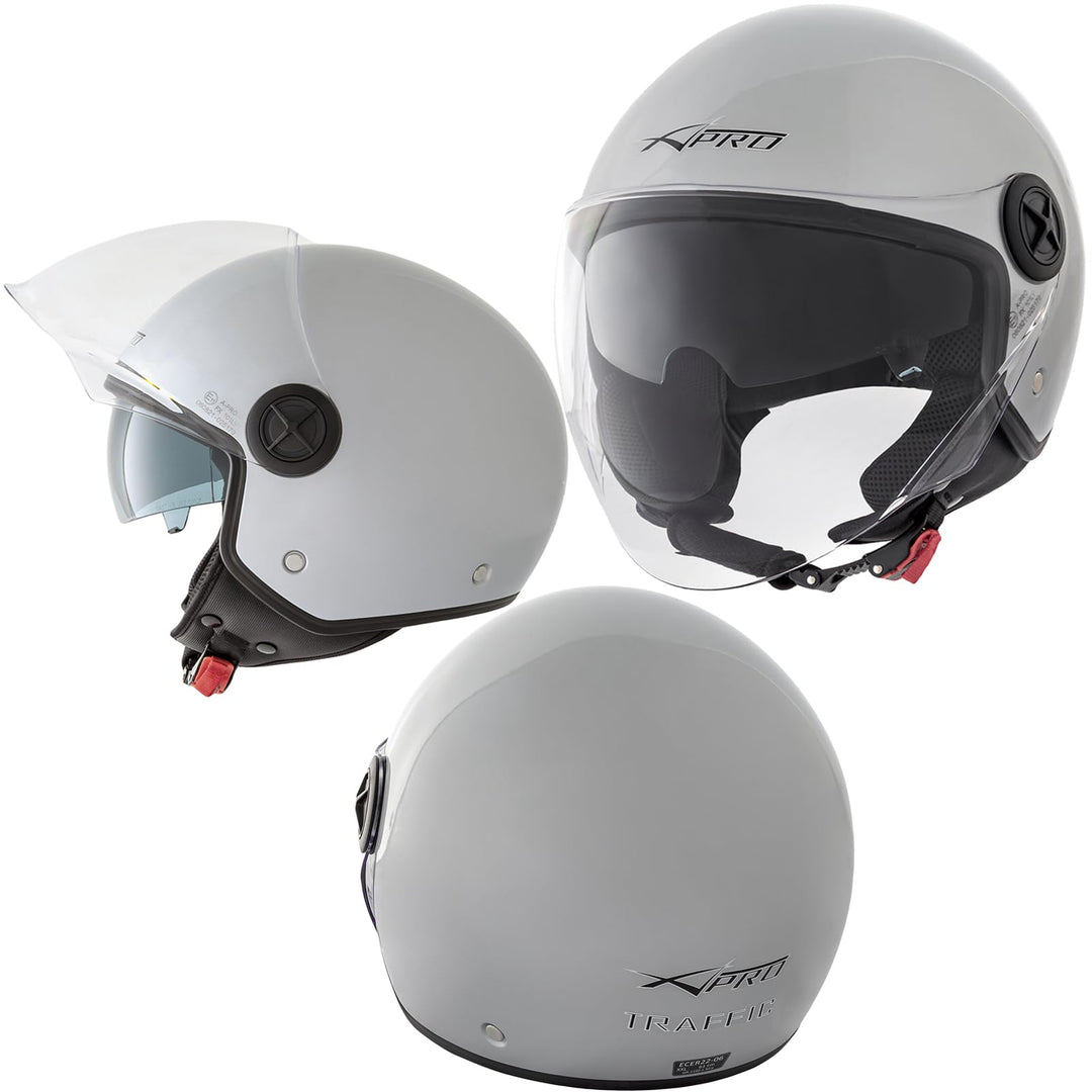 Motorradhelm Motorrad Roller Jet Helm Innensonnenblende 2 Viser SonicMoto 59 cm (L) Silber, 59 cm (L