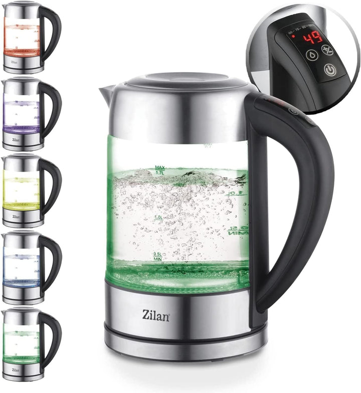 Zilan LED Glas Wasserkocher, Digitaldisplay, 1,7 l, 5 verschiedene Einstellungen, Kabelloser Wasserk