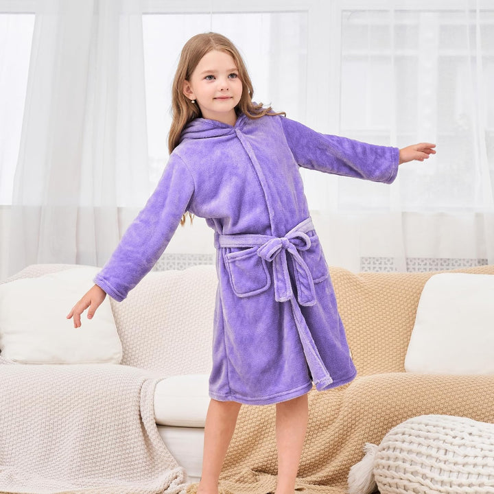 Weicher Bademantel mit Kapuze für Mädchen Fleece Morgenmantel Nachtwäsche Kinder 6-7 Jahre Lavendel,