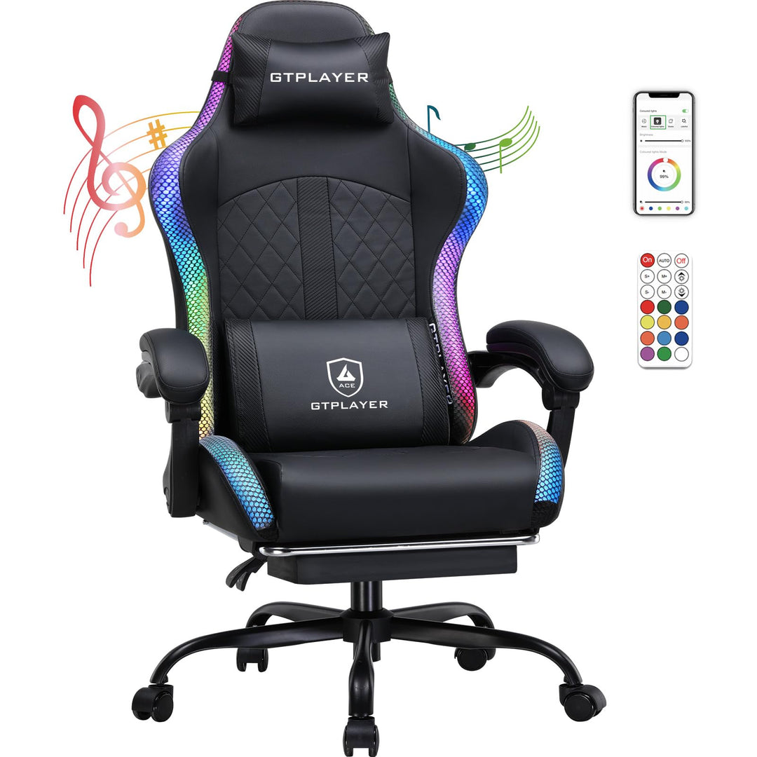 GTPLAYER Gaming Stuhl, Bürostuhl, Gaming Chair mit Lautsprecher und Lichtleiste, Gamer Stuhl, Rücken