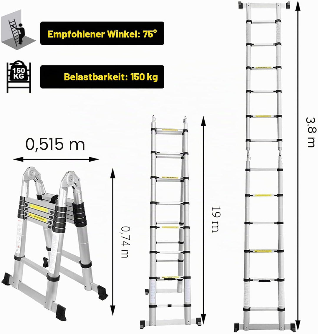 Ansobea Teleskopleiter 3.8m Aluminiumleiter Leiter Ausziehbar Teleskopleitern Schiebe Teleskopleiter