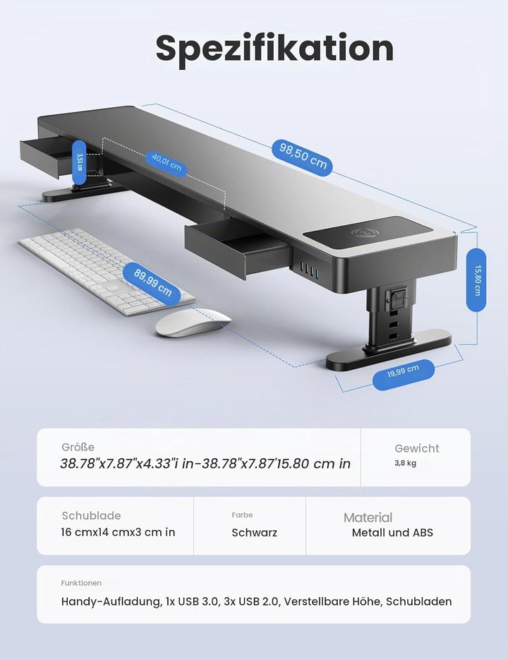 meatanty Höhenverstellbarer Dual Monitor Stand mit Smart Hub, 15W Wireless Charging, 4×USB-3.0, Zwei