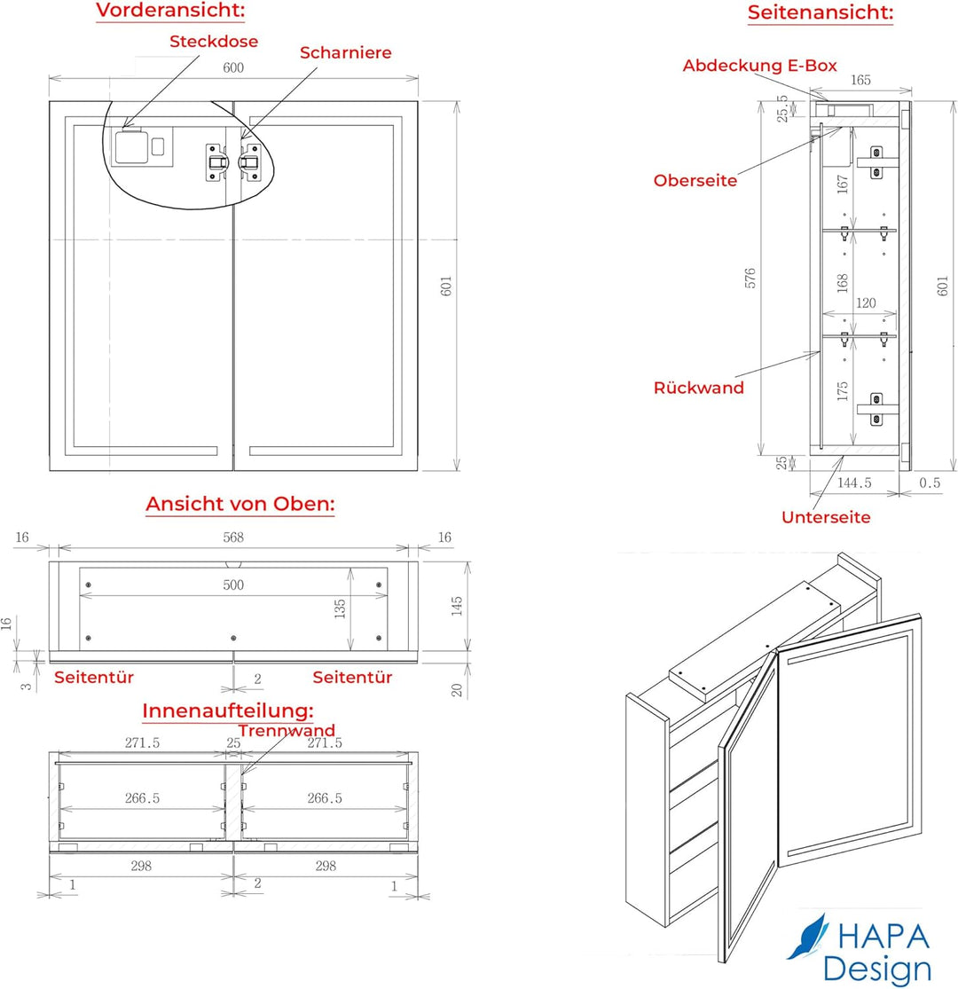 HAPA Design Premium Badezimmer Spiegelschrank Milano 60cm breit 2-türig. Fertig montiert, in der EU