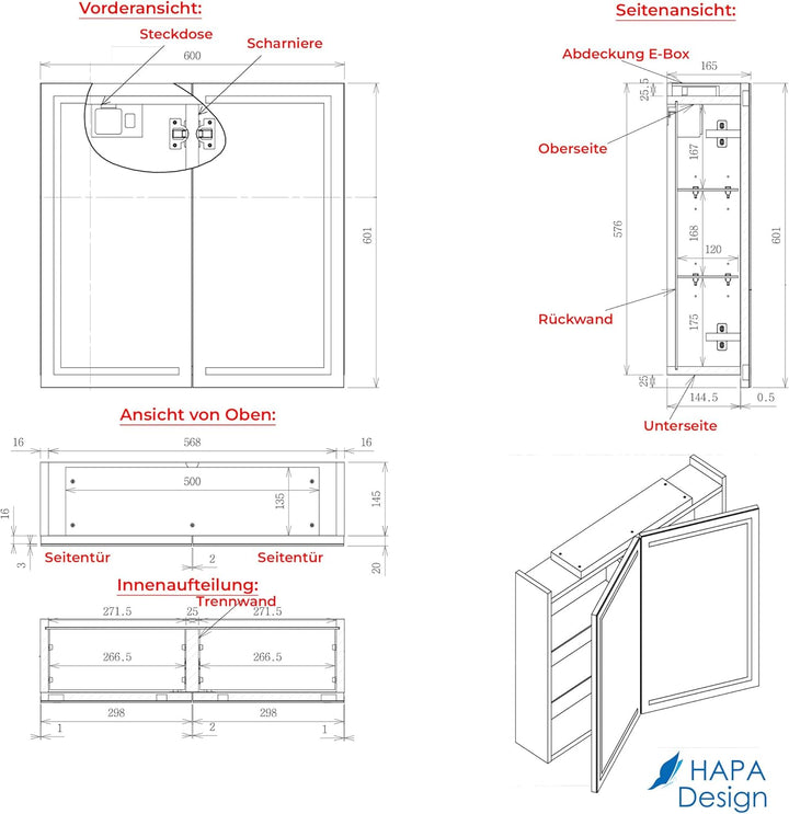 HAPA Design Premium Badezimmer Spiegelschrank Milano 60cm breit 2-türig. Fertig montiert, in der EU