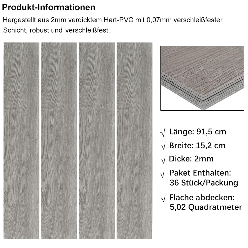 INMOZATA 5,02m²/ 36 Fliesen PVC Bodenbelag Selbstklebend Vinylboden Selbstklebend PVC Laminat -91,5