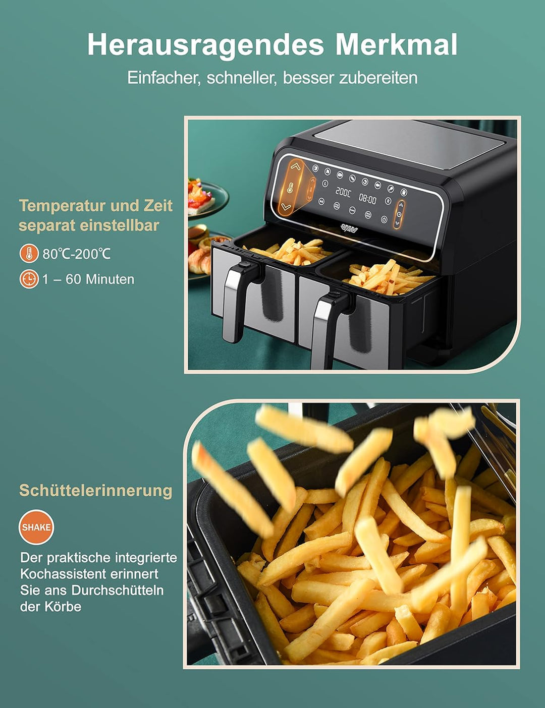 Innsky Dual Zone Heissluftfritteuse Doppelkammer 8L, 8 Programmen Heissluftfritteuse Doppelt, Airfry