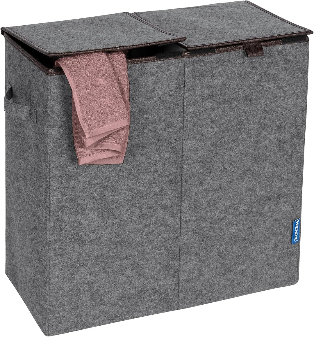 WENKO Wäschesammler Duo Grau/Braun, stabiler Wäschekorb aus recyceltem Filz mit 2 Fächern & separate