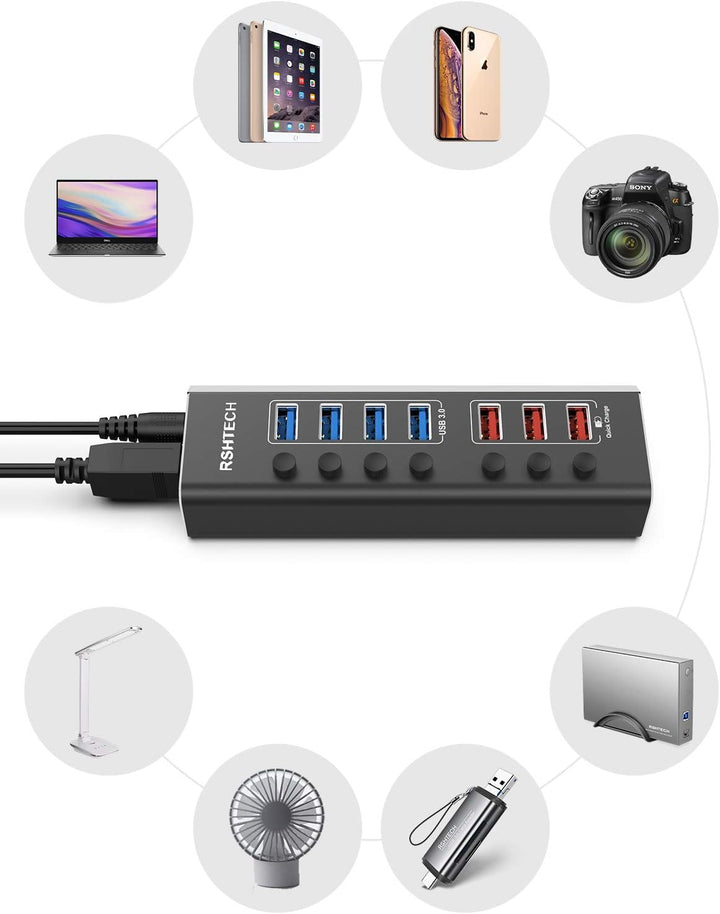 RSHTECH Aluminium USB Hub Aktiv 3.0 mit 36W Netzteil, mit 3*Schnellladeanschluss, 4*USB 3.0 Datenans