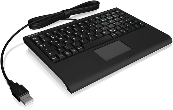 KeySonic Extra Mini Tastatur mit Touchpad, USB Kabel (2 m), voller Tastenumfang, SoftSkin, Schwarz S