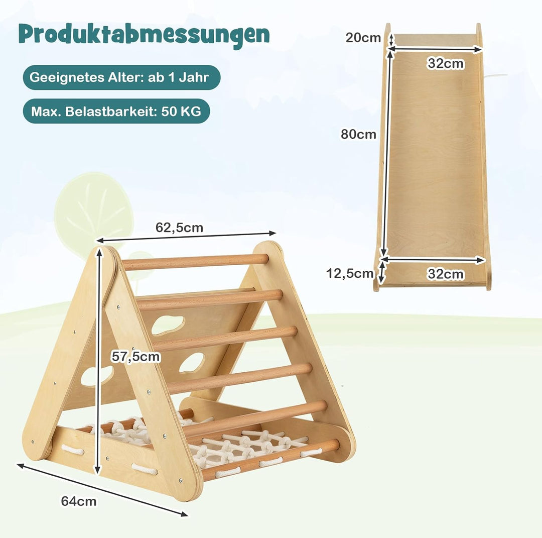 DREAMADE 4 IN 1 Kletterdreieck mit Rutsche und Kletternetz, Holzdreieck Kletterspielzeug aus Holz, I