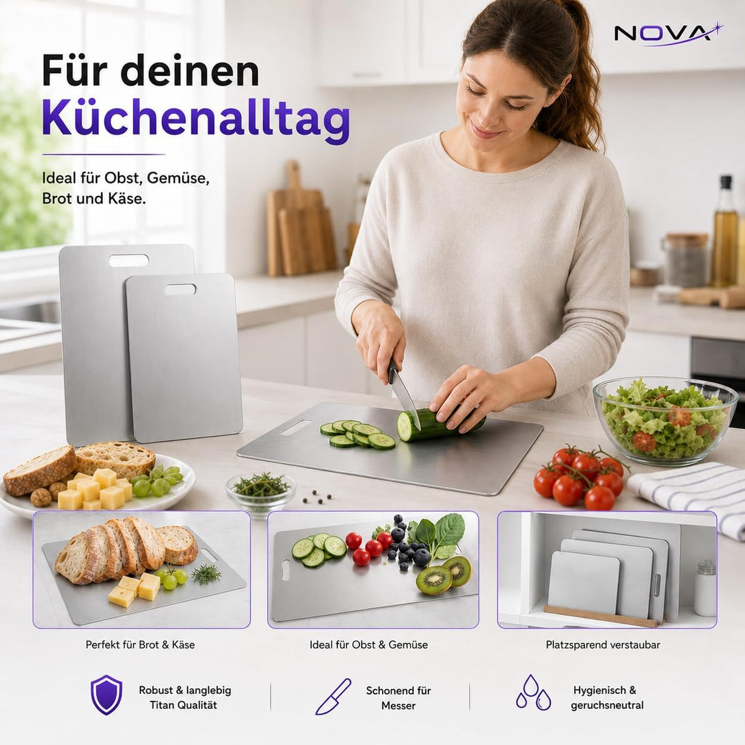 Titan Schneidebrett Set 3-teilig (S+M+L) aus 100% Titan, doppelseitig & BPA-frei – Premium Küchen Sc