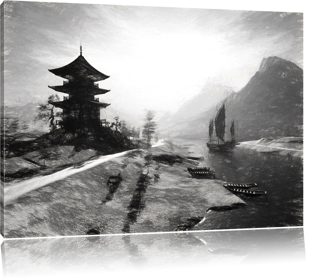 Pixxprint asiatischer Tempel an Fluss als Leinwandbild/Grösse: 100x70 cm/Wandbild/Kunstdruck/fertig