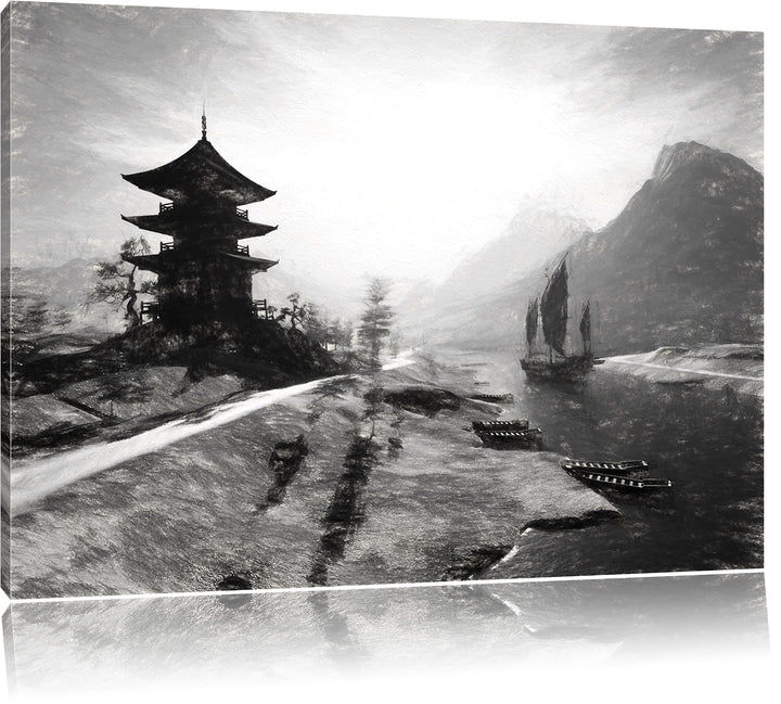 Pixxprint asiatischer Tempel an Fluss als Leinwandbild/Grösse: 100x70 cm/Wandbild/Kunstdruck/fertig
