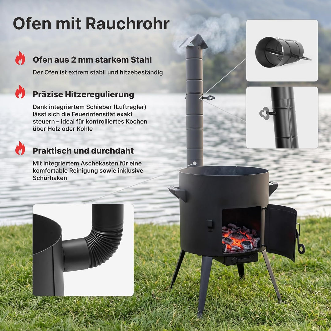 Ø36cm Uchag 2mm Stahl mit Abzugsrohr Utschak-Ofen Adapter-Ringe Utschag Feldküche Feuerstelle Campin
