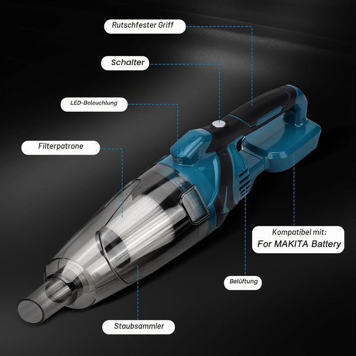 Akku Handstaubsauger kompatibel mit Makita 18V Akku, 10000Pa Tragbar Staubsauger mit 4 Düsen und 0,7