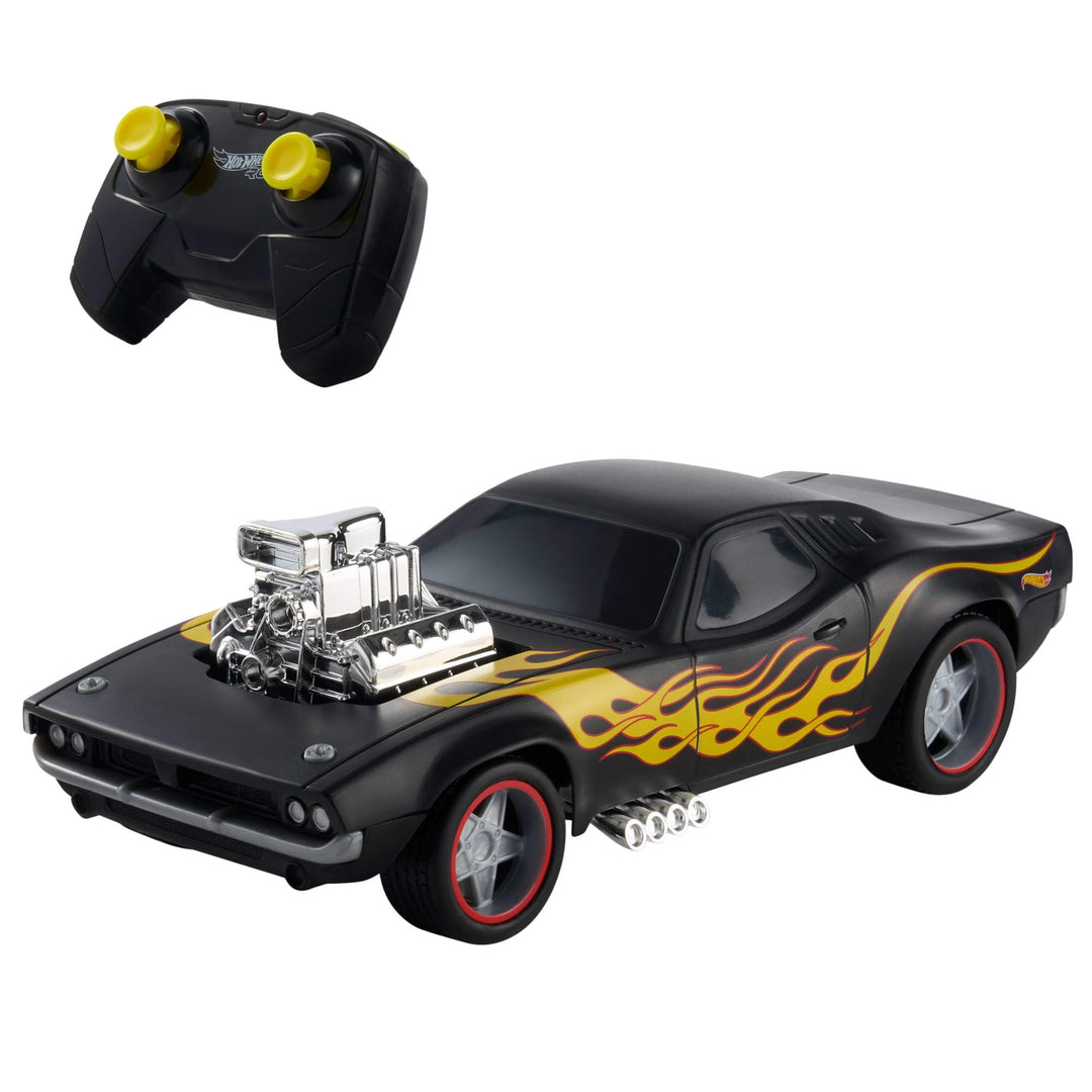 Hot Wheels Spielzeugauto, Ferngesteuerter Rodger Dodger im Massstab 1:16, schwarzes Fahrzeug mit gel
