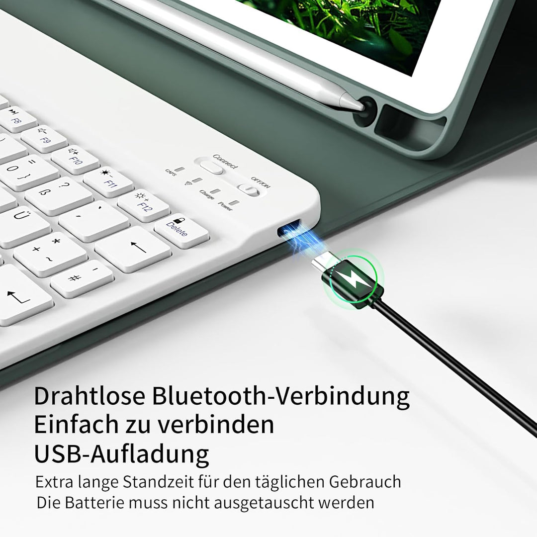Hülle mit Tastatur für iPad 9./8./7. Generation 10,2 Zoll 2021/2020/2019, Abnehmbare kabellose Keybo