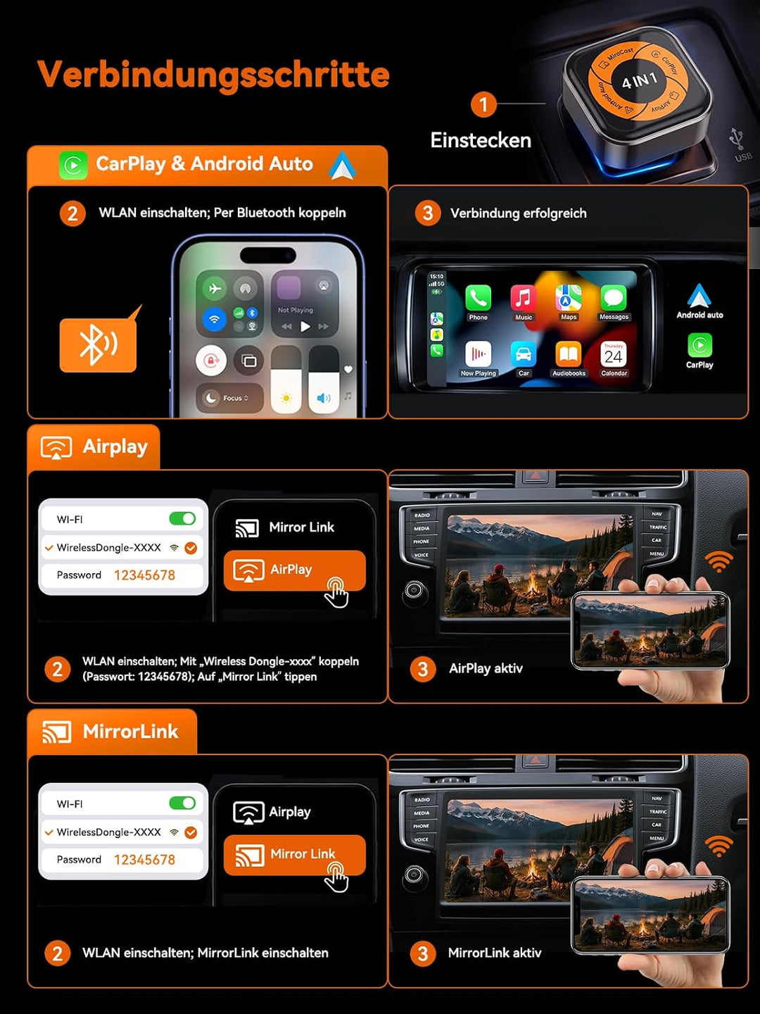 4-in-1 Wireless CarPlay Adapter für Apple CarPlay & Android Auto, AirPlay & MirrorLink Bildschirmspi