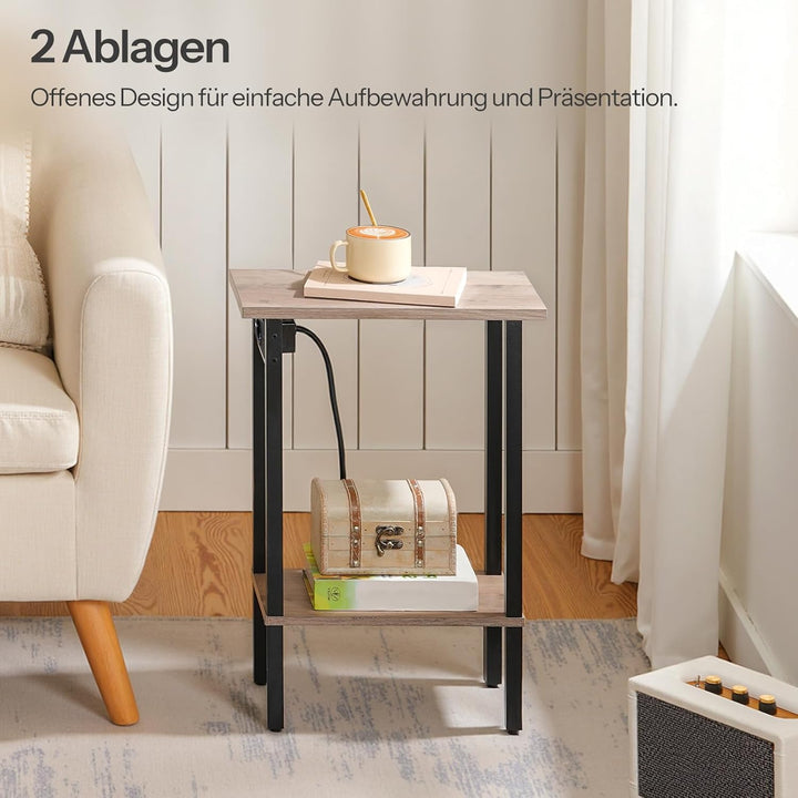 HOOBRO Schmaler Beistelltisch mit 2 Ebenen, Sofatisch mit Ladestation, Nachttisch mit Ablage, Coucht