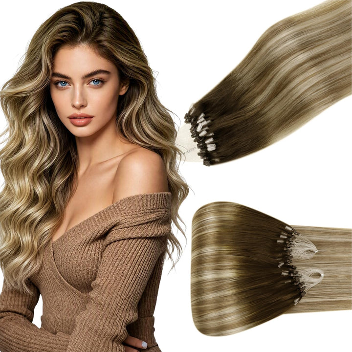 Hetto Microring Extensions, Balayage Hellbraun mit Hellblonden, 40cm | 50 Strähnen 50g 100% Remy Haa