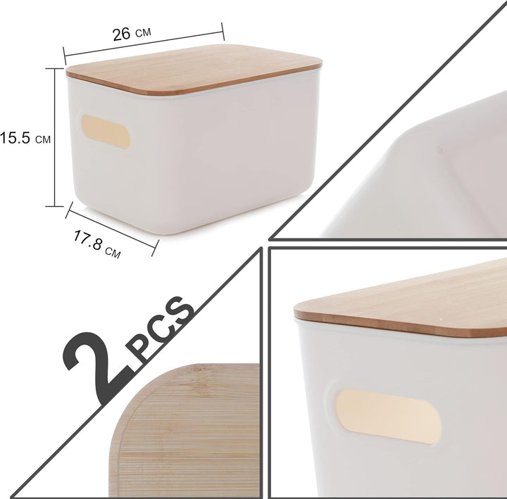 2 Stück Aufbewahrungsbox mit Deckel Bambus für Badezimmer, Kunststoff Aufbewahrungskorb, Stapelbare