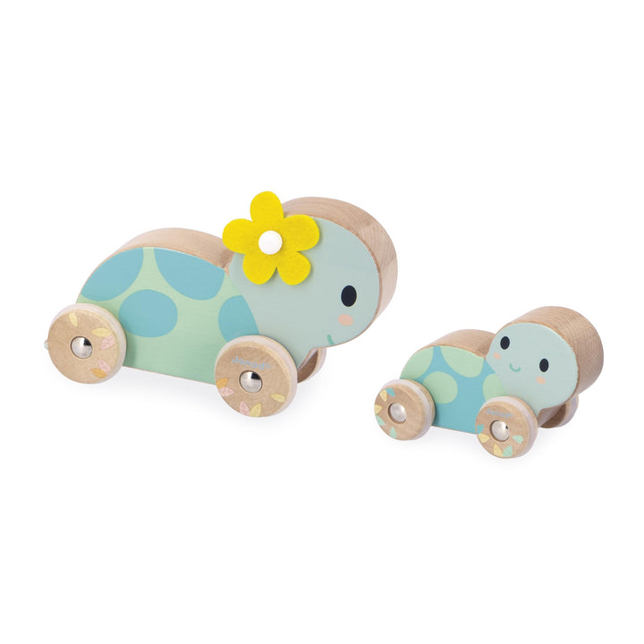 Janod J05148 Set aus 2 Holzschildkröten-Spielzeug zum Rollen-Geräuscharme Räder-Lernspielzeug-Förder