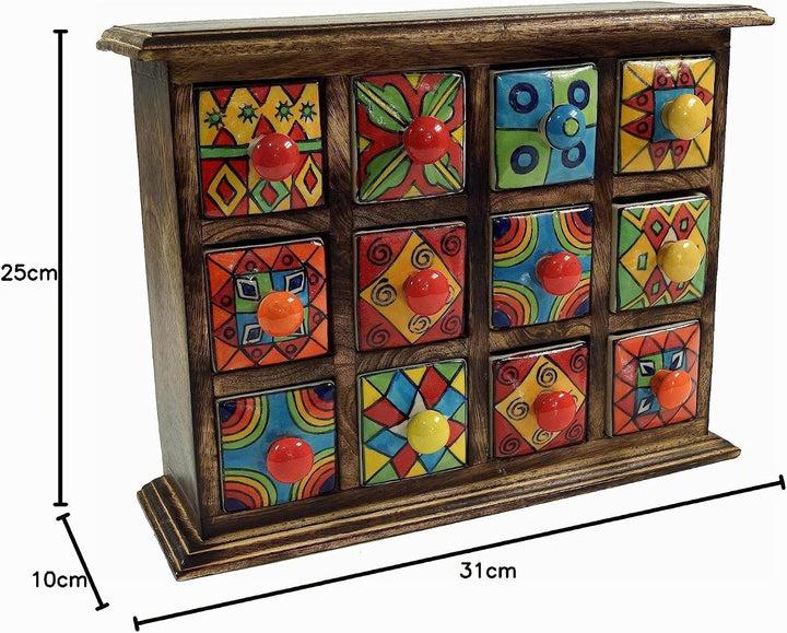 GURU SHOP Apothekerschränkchen mit Bunten Keramik Schubfächern, Gewürzkiste - 4x3 Fächer Modell 2, 2