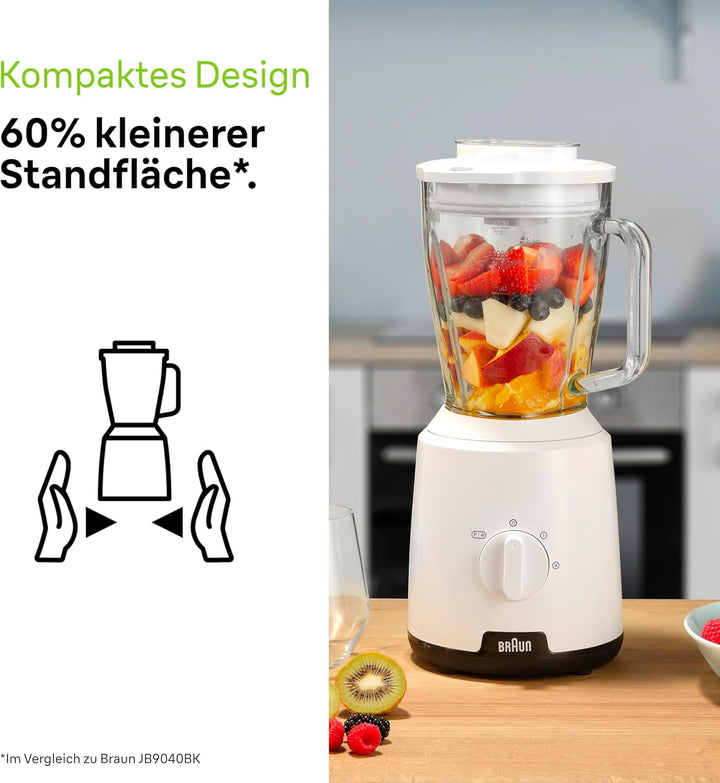 Braun PowerBlend 1 JB1050WH - Standmixer mit 1,5 l Glas-Mixaufsatz, Küchenhelfer zum Zerkleinern, Pü