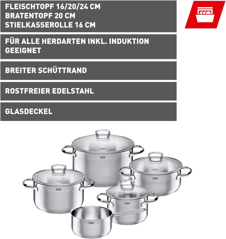 Silit Toskana Topfset Induktion 5-teilig, Edelstahl teilmattiert, Induktionstöpfe unbeschichtet, Gla