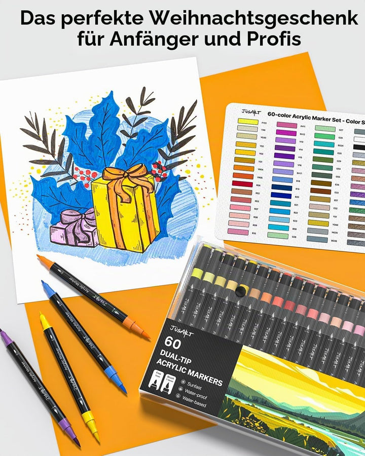 JusArt 48 Acrylstifte mit Doppelspitze, Pinsel und feine Spitze, Acrylic Marker Wasserfest, Premium-