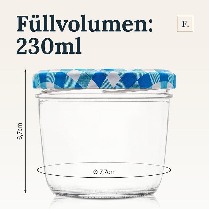 Flaschenbauer - Einmachgläser 230ml 12er Set - Marmeladengläser mit farbigen Deckel, Schraubgläser,