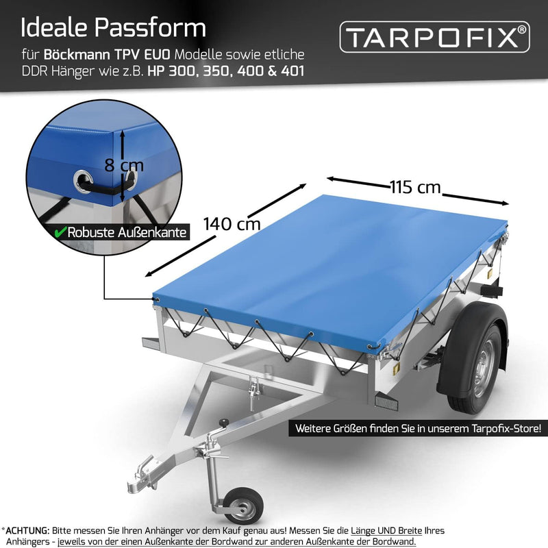 Tarpofix® Anhängerplane Flachplane 140 x 115 x 8 cm - inkl. Planengummi - randverstärktes Anhänger P
