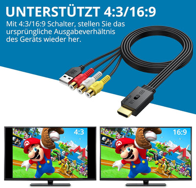 AUTOUTLET RCA auf HDMI Konverter, 1080P AV auf HDMI Adapter unterstützt 16:9/4:3 Konvertierung, PAL/