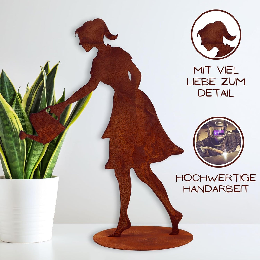 Rostikal Gartenfigur Gärtnerin 60 cm – Perfekte rostige Rostfigur mit Bodenplatte, wetterfeste Garte