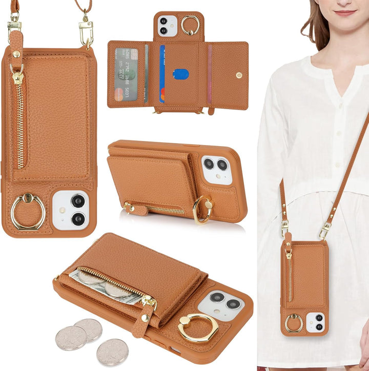 ELTEKER Handyhülle für iPhone 12 Mini Hülle mit Band Kartenfach Handykette Ringhalterung Geldbörse,L