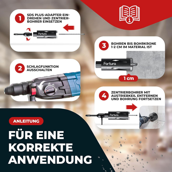 Fortura Kernbohrer/Bohrkrone Ø50-162mm / 200mm Länge/SDS Plus/Dosenbohrer/Diamantbohrkrone/Bohrkrone