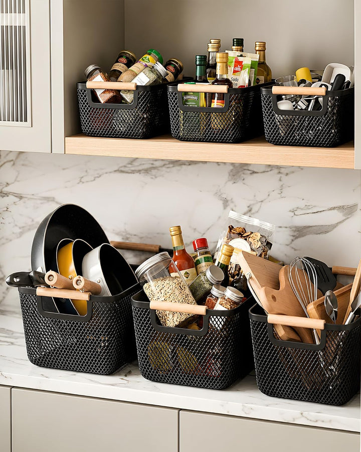Aufbewahrungsbox Kunststoff Schwarz 6er Set, Kunststoff-Netzkörbe mit Holzgriff, offene Organizer Bo