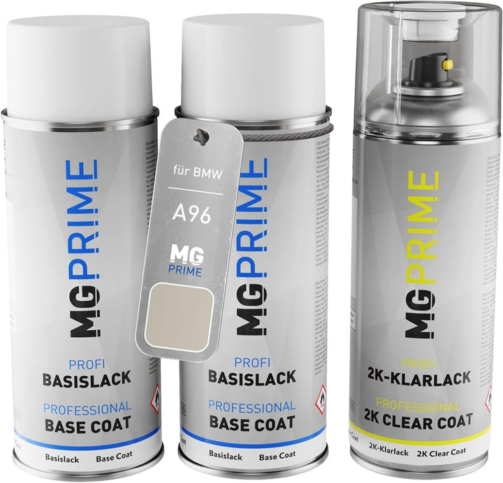 MG PRIME Autolack 2K Spraydosen Set für BMW A96 Mineralweiss Perleffekt/Mineral White Metallic Grund